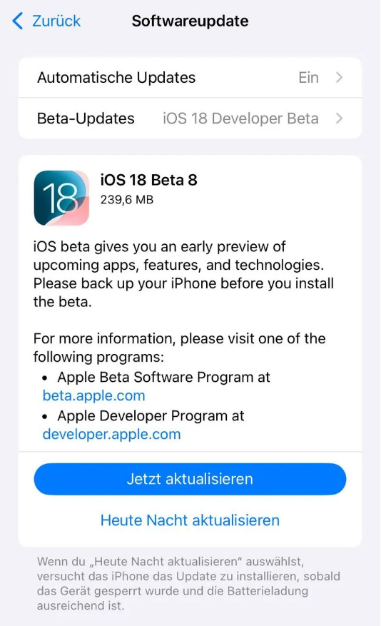南昌苹果手机维修分享苹果 iOS / iPadOS 18 开发者预览版 Beta 8 发布 